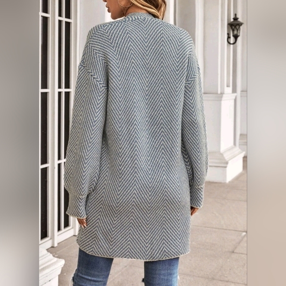 * New Cozy Chic Chevron Stripe Knit Cardigan Sweater Duster Blue Off White - Picture 4 of 8
